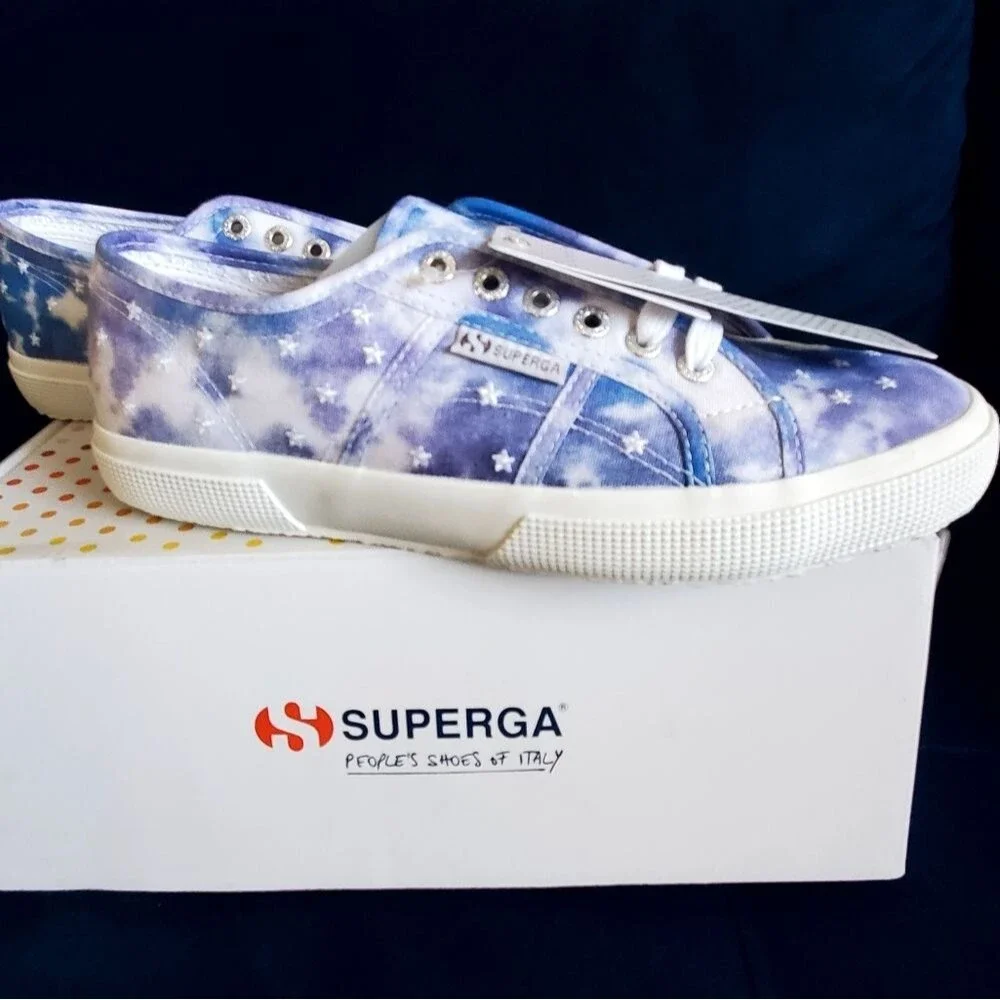 Superga White Embroidery Stars Blue Tie-dye Sneakers Size 10